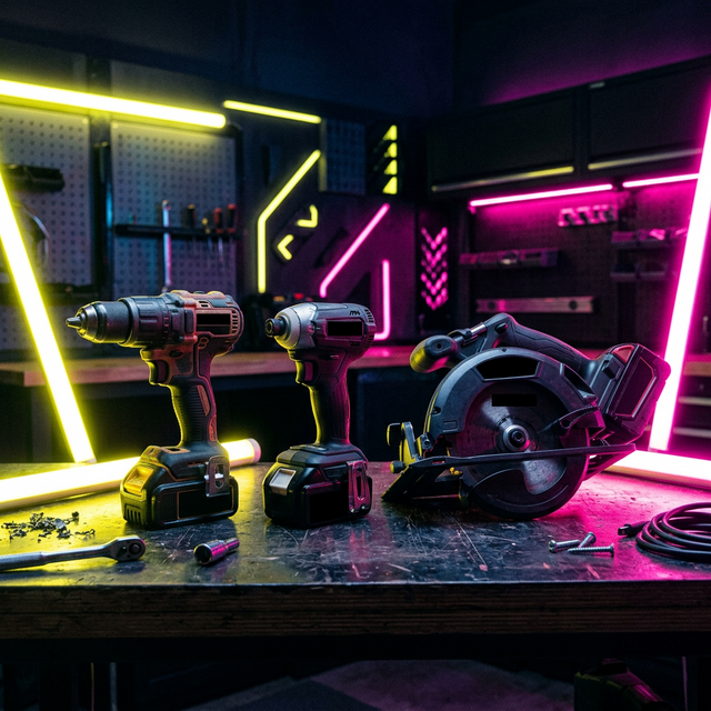 ネオンに照らされた電動工具